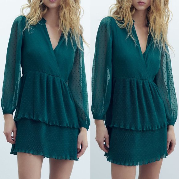 NEW Zara Teal Green Swiss Dot Mesh Surplice V Neck Ruffle Pleated Mini Dress M - Picture 2 of 11